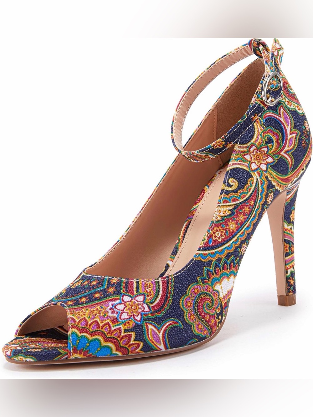 Multicolor Paisley Peep-Toe Ankle-Strap Heels